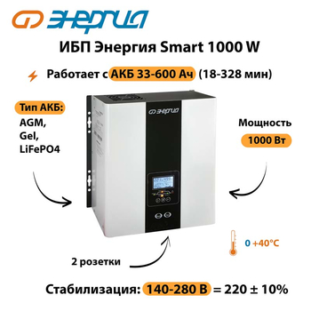 ИБП Энергия Smart 1000W - ИБП и АКБ - Энергия ИБП Smart - . Магазин оборудования для автономного и резервного электропитания Ekosolar.ru в Яхроме